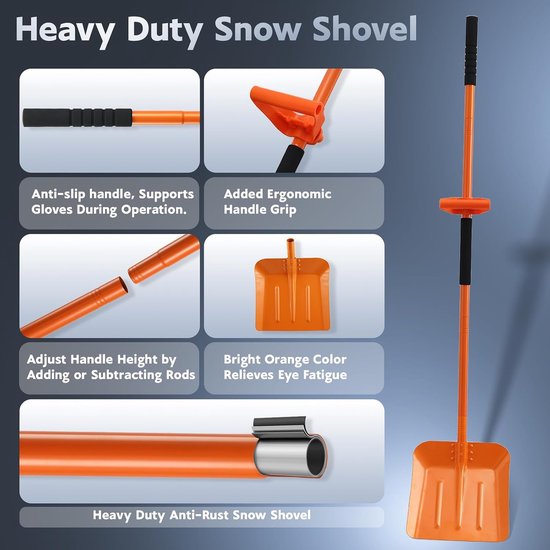 Sneeuwschep voor oprit, ergonomische sneeuwschep voor het verwijderen van sneeuw en ijs met verstelbare handgreep van 177 cm, robuuste metalen schep met breed lemmet van 33 cm voor auto, buiten — afbeelding 2