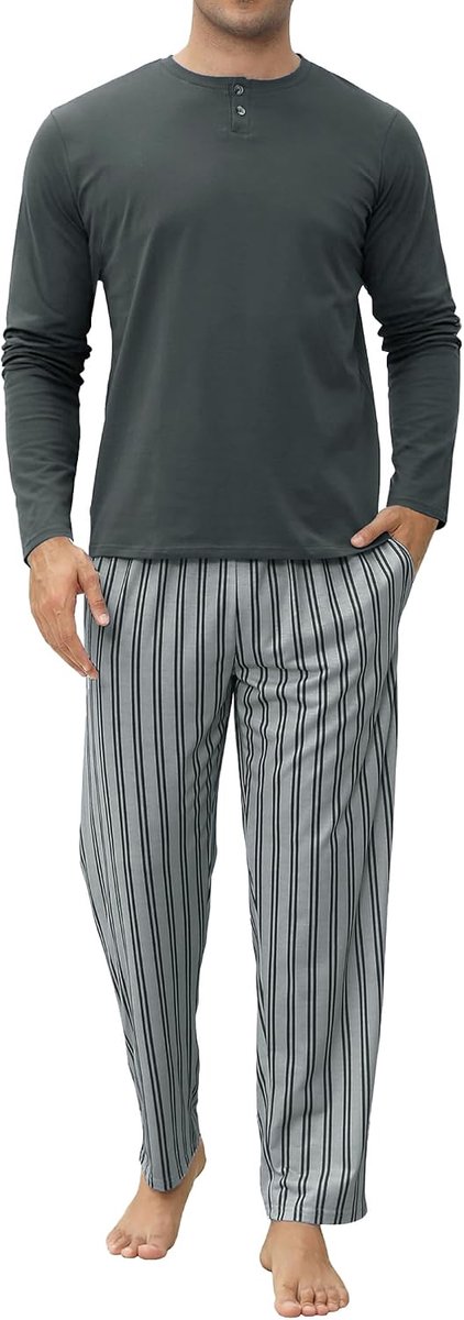 pyjama voor heren, van katoen, warme nachtkleding voor de winter, pyjamaset, lange mouwen, met knopen en gestreepte broek met zakken, 2-delig, zacht en comfortabel