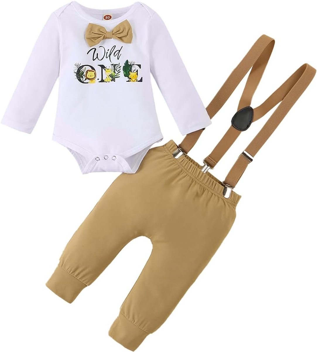 Jongens My 1e Verjaardag Outfit Wild One Animal Gentleman Top met vlinderdas + bretels shorts/broek zomer herfst 2-delige kledingset