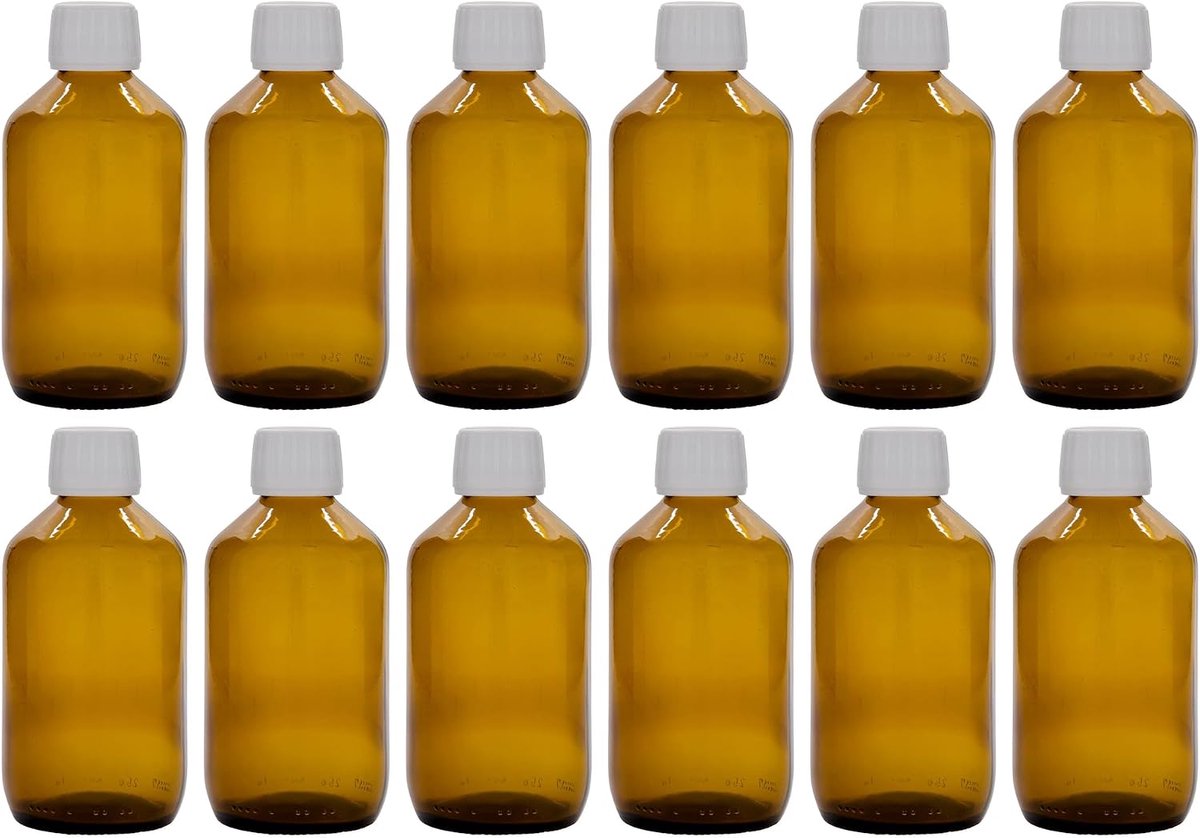 250 ml medicijnflessen, set van bruin glas met schroefsluiting, wit, lichtwerend, 12 stuks