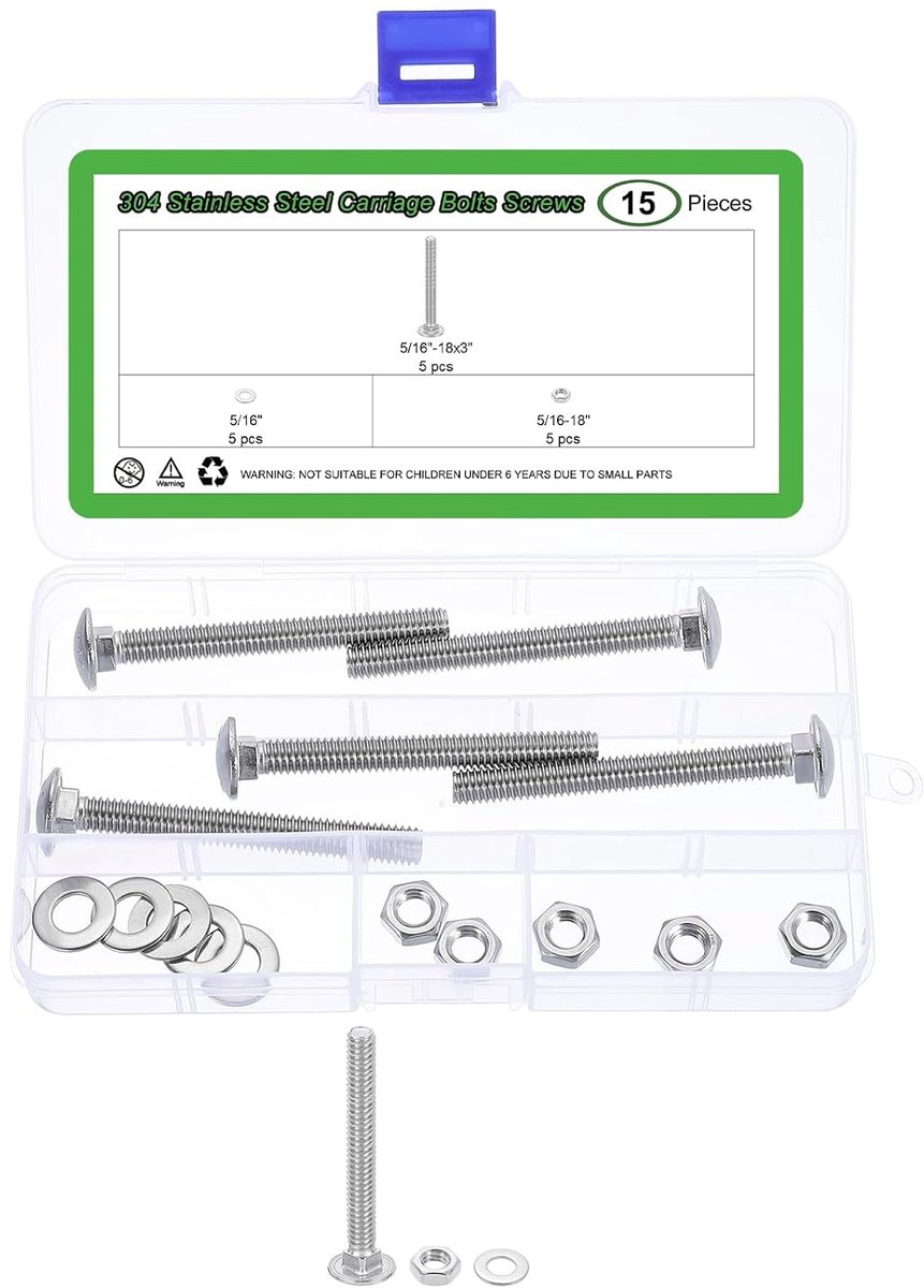 5-delige set schroeven en moeren voor carrosserie 5/16"-18x3" roestvrij staal 304, ronde kop, vierkante hals, carrosserieschroeven en sluitringen, zilverkleurig