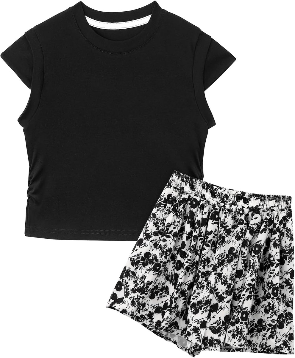 Meisjes Kleding Zomer Outfits 3-10 Jaar Ruche Mouwloos Effen T-shirt Shorts Crewneck Zwart Wit Rood Geel Roze Paars Blauw