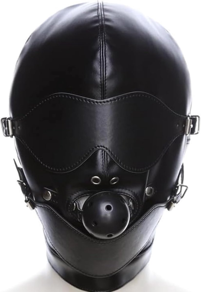 Masker met knevel – Zwart kunstleer – Full face bondage masker met ballgag en verstelbare ogenband – Voor mannen en vrouwen – Fetish sex masker – FOPS B23-7
