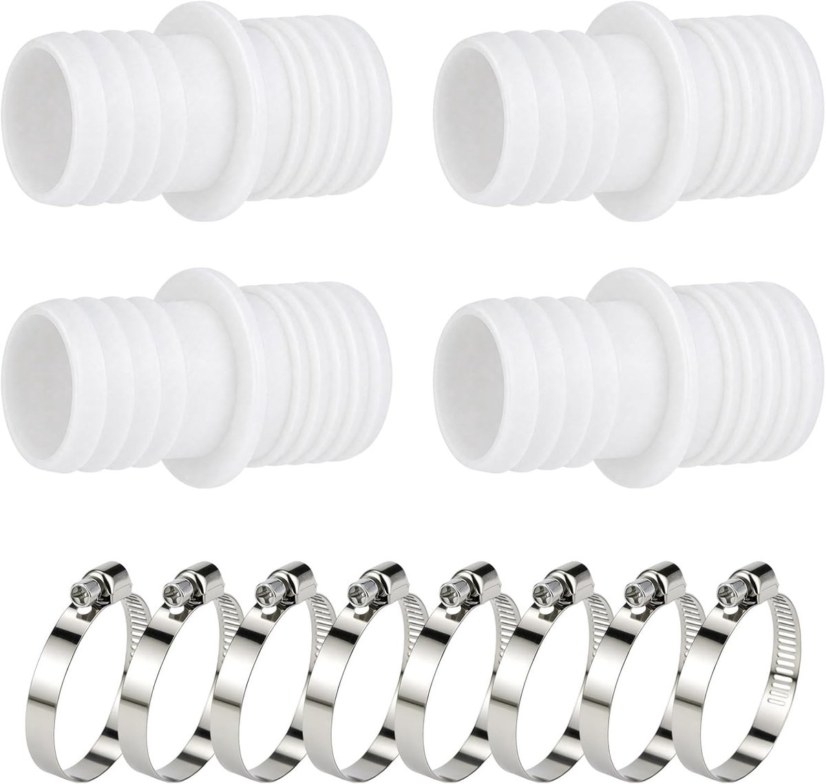 4 x slangadapter 32 naar 38 mm + 8 roestvrijstalen klemmen – set voor zwembadpompen, zuigers en filterinstallaties