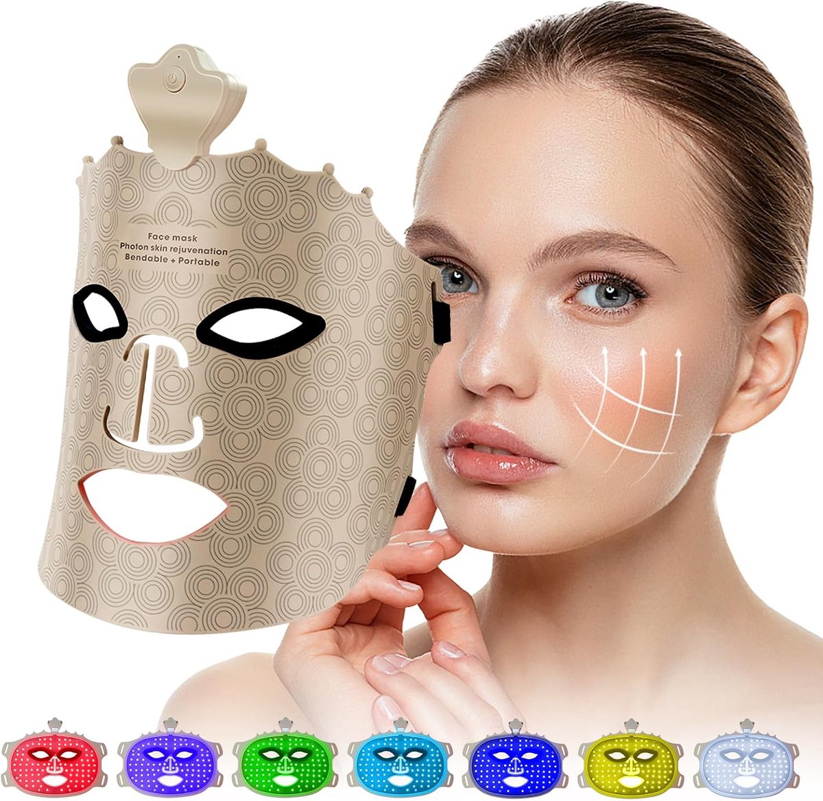 Led-gezichtsmasker met rode lichtlamp, 7 kleuren led-lichttherapiemasker voor gezicht en huid, verzorgingsapparaat voor alle huidtypes, gezichtsschoonheid, versteviging, verjonging, bruin