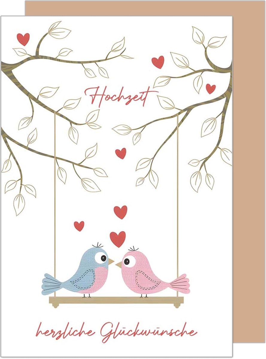 Seidel Premium wenskaart voor bruiloft met envelop. Bruiloftskaart Wenskaart vermalen Just Married Wedding Day bruidspaar hart liefde vogels (H493 SW025)