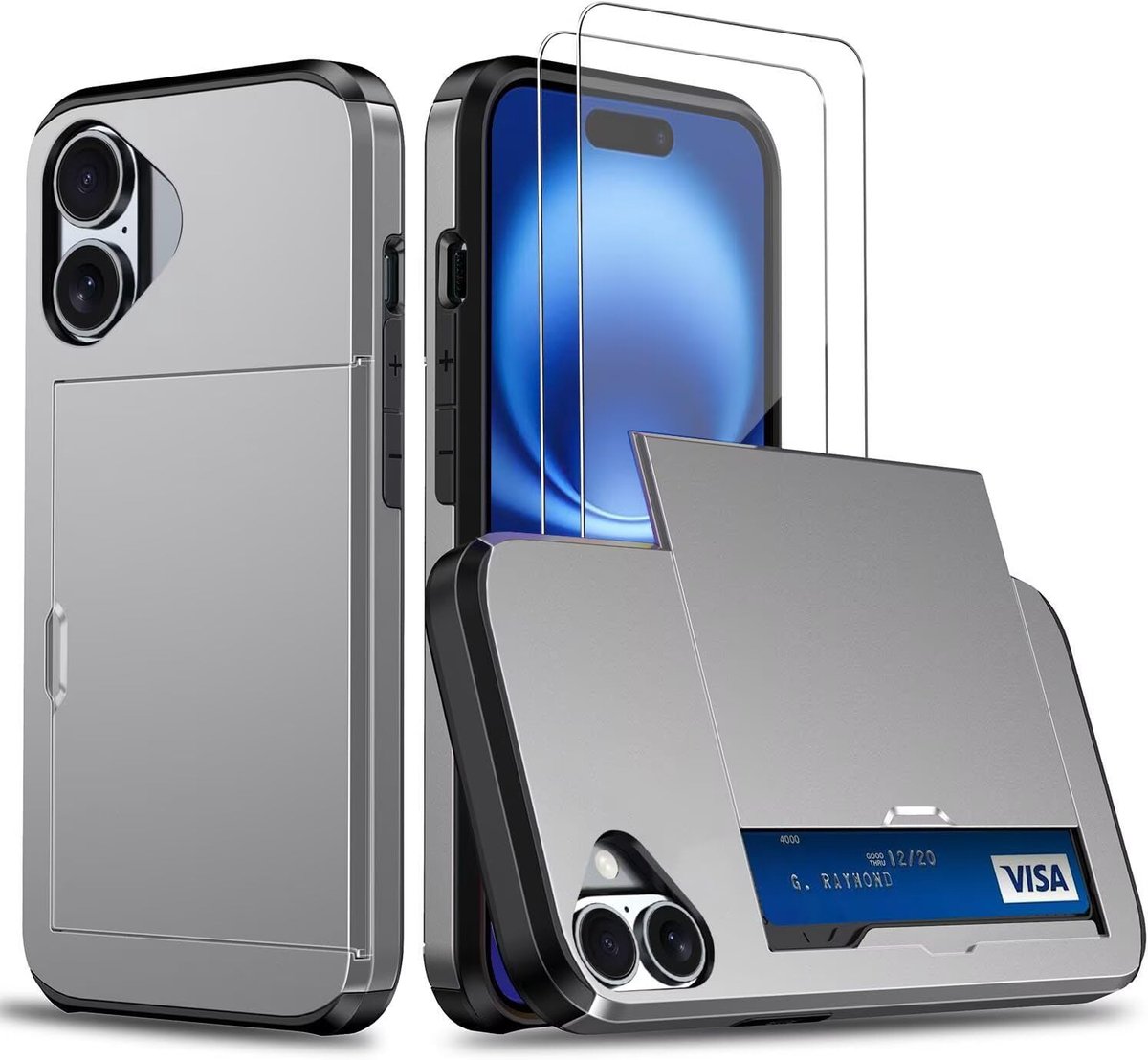 Hoes voor mobiele telefoon voor iPhone 17, case + 2 stuks beschermfolie, met kaartenvak, siliconen TPU, dun, zacht, schokbestendig, flexibele telefoonhoes, bumper, portefeuille, case, grijs