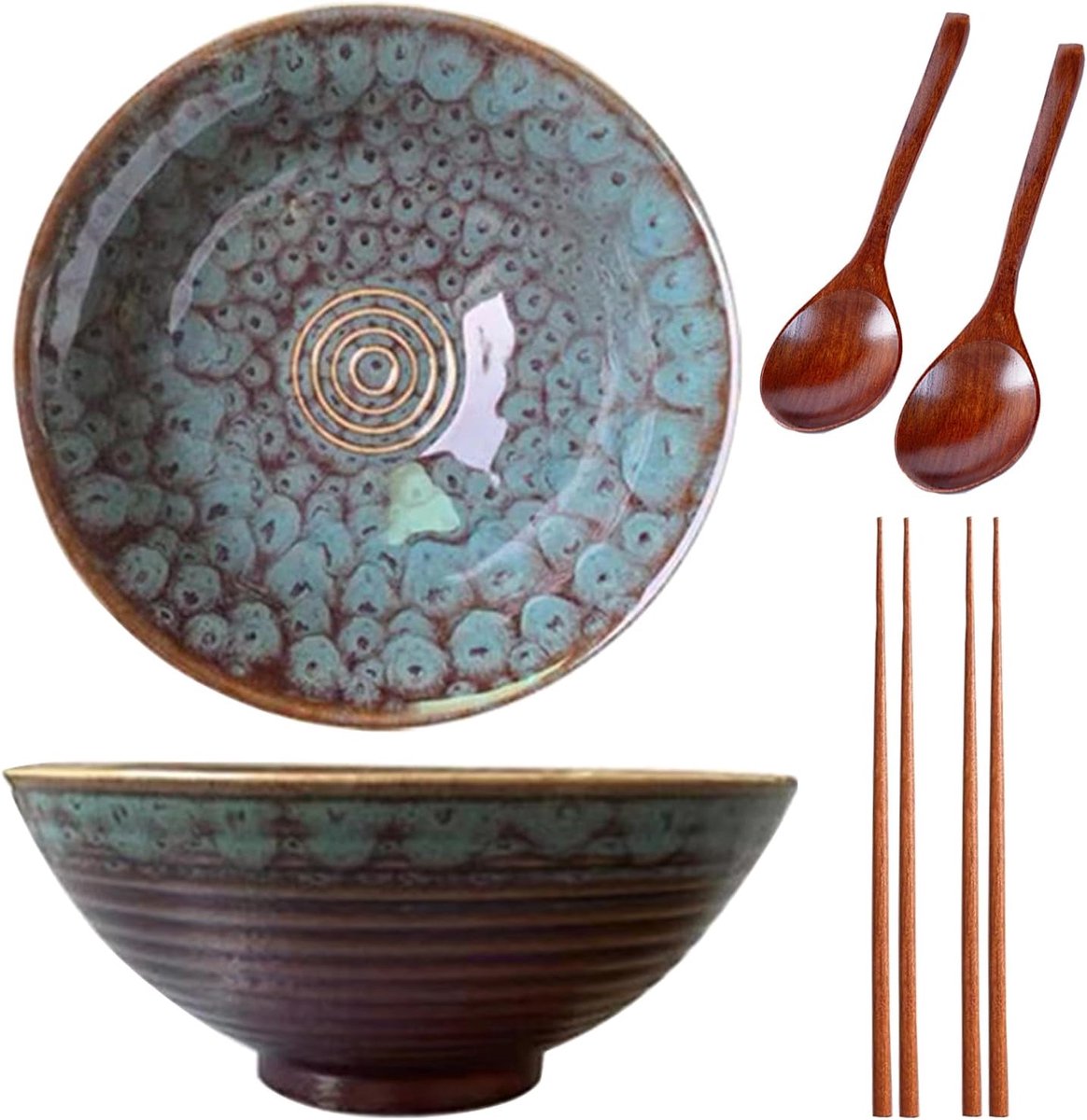 Ramen Bowl van 1200 ml, set van 2, ramenkommen, noedelkom (Ramen Bowl met Ramenlepels, eetstokjes), keramische kom voor pastakom, snack, soep, slakom, ontbijtgranen, grote kom (pauw)