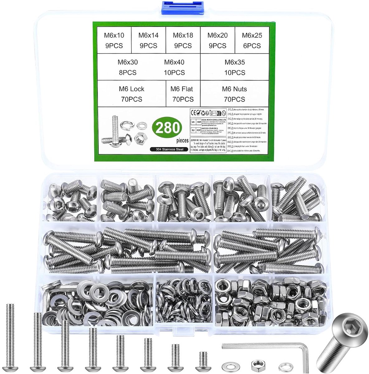 280 stuks M6 schroevenset, lenskop, binnenzeskantschroeven, moeren, set lenskopschroeven met moeren, machineschroeven, assortiment schroefdraadschroeven en moeren met sluitringen