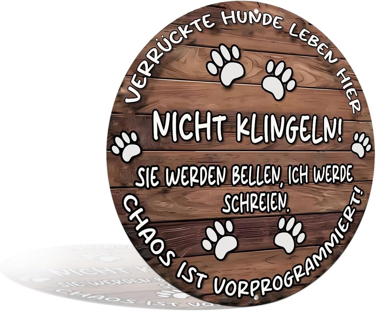 "Gekke honden leven hier - niet rinkelen" rustieke huisdier-thema aluminium bord wanddecoratie voor entree, woonkamer, voordeur, veranda, slaapkamer - 25298 x 20 cm