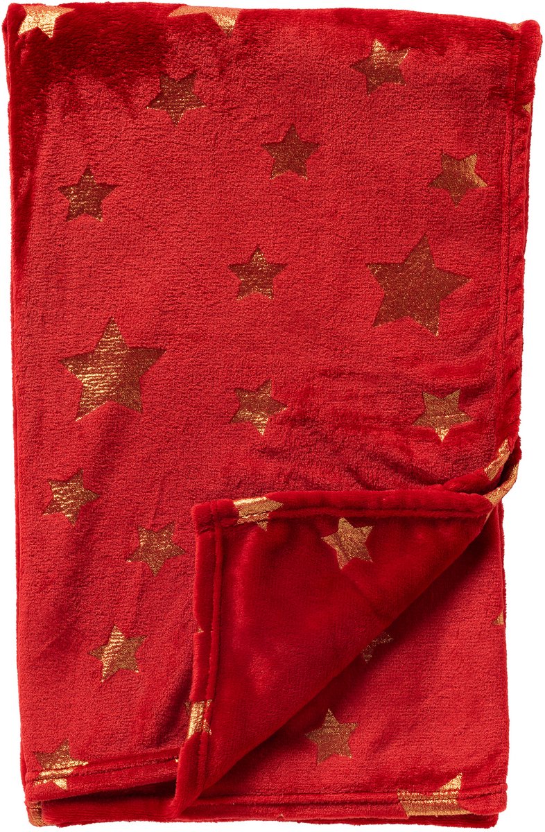 Textino STARRY-NIGHTS - plaid 150x200 cm - flannel fleece - sterrenprint - Scooter - rood, goud