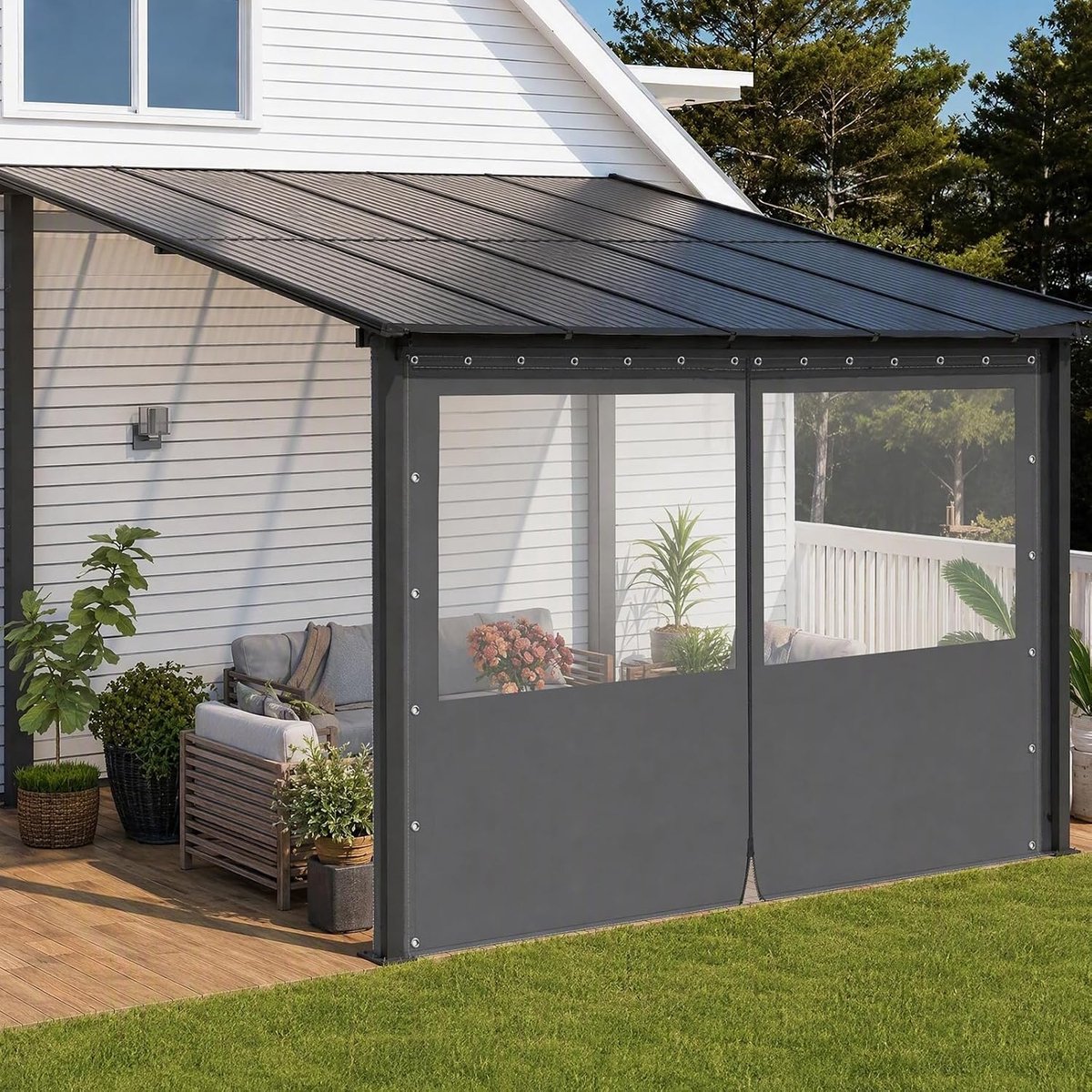 Transparant zeil met ritssluiting, transparant zeil met ingestanste ringen, 650 g/m², outdoor deurgordijn, duurzaam, weerbestendig, waterdicht, voor buiten, grijs, 2,5 x 2,15 m