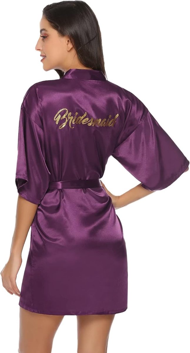 Ochtendjas voor dames, kimono, korte mantel, satijnen V-hals, met riem, bruid, nachthemd, bruidsmeisje, ochtendjas voor bruidsfeest, B-violet bruidsmeisje, XL/XXL