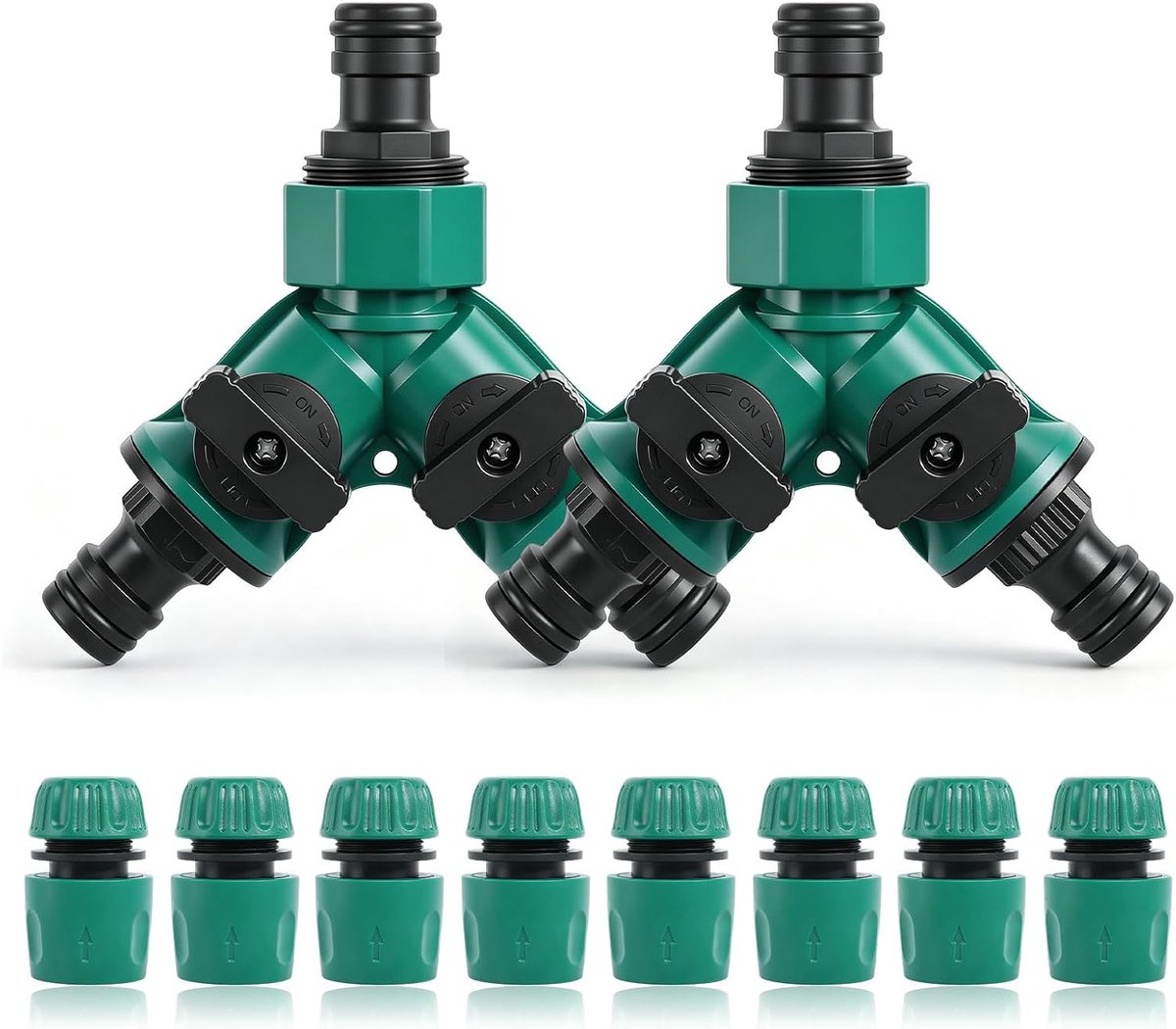 2 stuks 3/4 inch 2-weg waterverdeler met ventiel, 8 stuks 1/2 inch slangverbinders, kraanverdeler, Y-verdeler, toevoerslang voor landschapsarchitectuur, tuinbouw, bloementeelt irrigatie