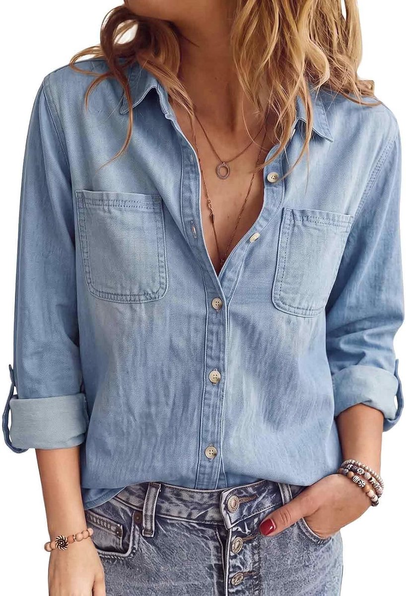 Overhemd voor dames, lange mouwen, kraagblouses casual jeanshemd met knopen, westerse vintage denim jas, tuniek, tops met zakken, losse pasvorm