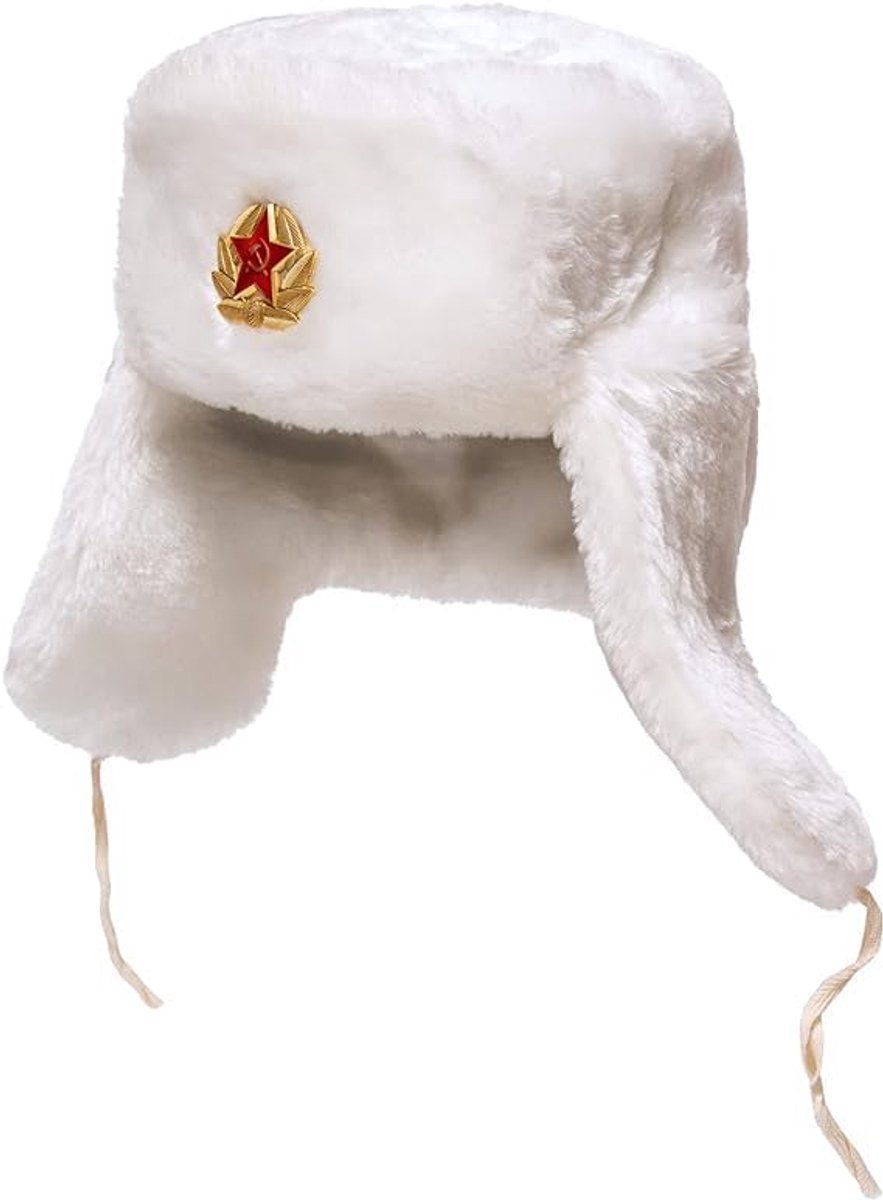 Trapper Ushanka Russische militaire bonthoed met oorbedekkende kleppen en Sovjet-badge, Sovjet-leger Shapka hoed voor de winter, Wit, One size