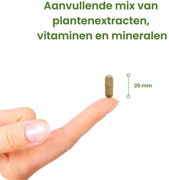 Groene capsule van 20 mm op een vinger. Tekst: Aanvullende mix van plantenextracten, vitaminen en mineralen.