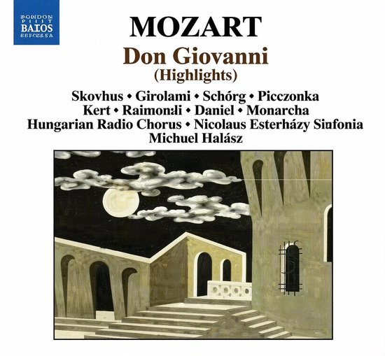 Cd-hoes van Mozart's Don Giovanni met een illustratie van een verlicht kasteel onder een nachtelijke maanhemel.