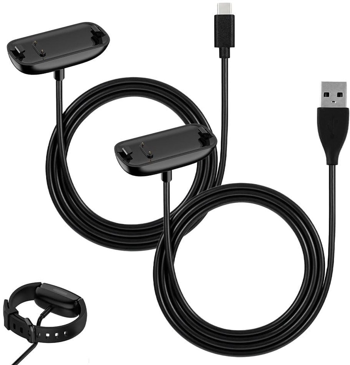Oplaadkabel voor Fitbit Inspire 3 en 2 - Snelle Oplaad Dock Vervangingskabels van 1 m, Geschikt voor Gezondheids- en Fitness Trackers, USB-A en USB-C Verbinding
