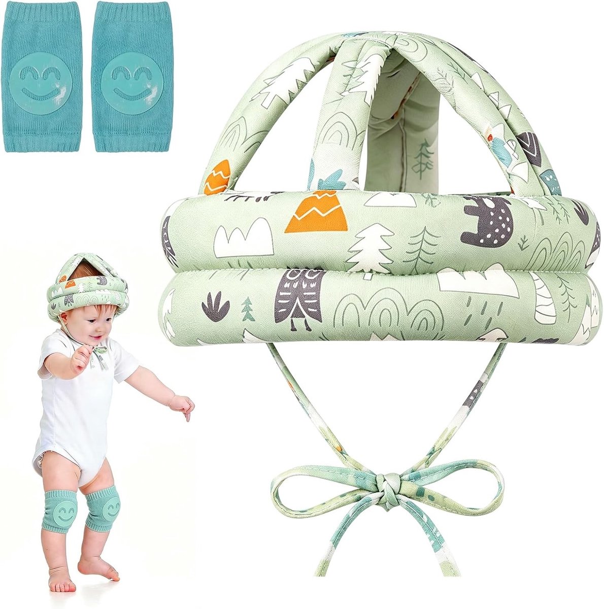 Verstelbare en Ademende Babyhelm met 360° Anti-Collisie Bescherming, Veiligheidshelm voor Kleuters met Kniebeschermers voor Kruipen en Wandelen