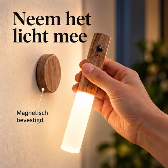 Cheqo® Nachtlampje met Bewegingssensor - Draadloze Wandlamp - LED Nachtlamp - USB Oplaadbaar - Magnetisch - Sensor Lampje - Muurlamp Binnen - Trapverlichting - Kastverlichting - Bedlamp voor Slaapkamer en Kinderkamer - Warm Wit - Houten Wandlamp van Cheqo® — afbeelding 3
