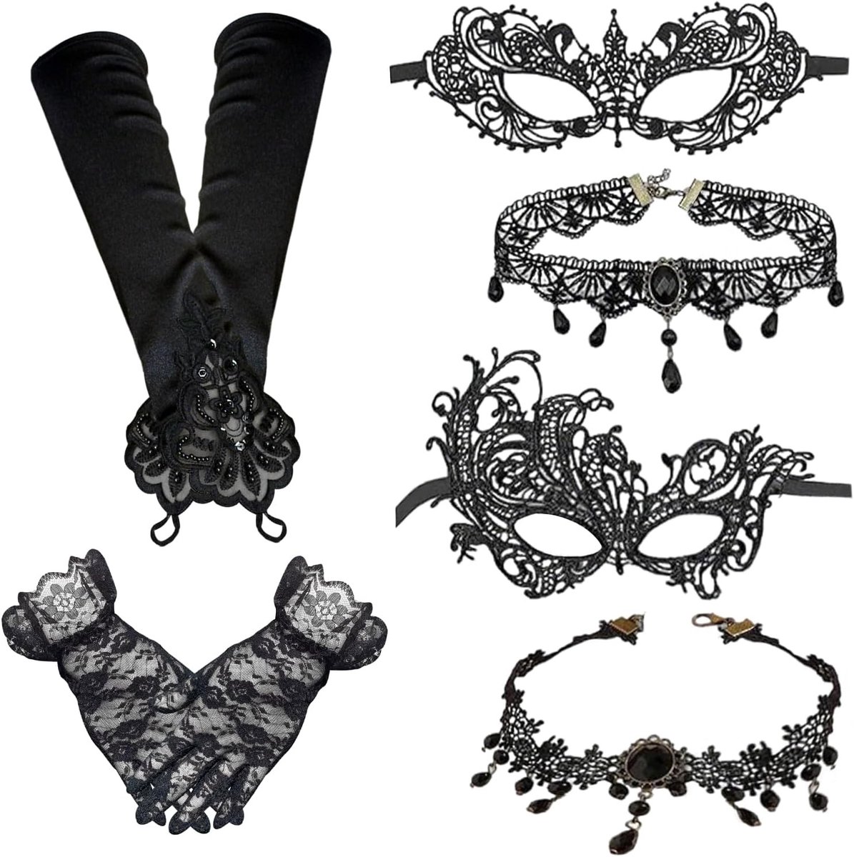 Zesdelige Gothic Lace Masker Set met Zwarte Kanten Handschoenen voor Carnaval en Avondkleding Accessoires