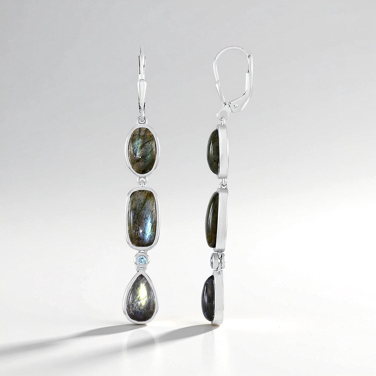 Cavill - Lange Oorbellen 925 Sterling Zilver Gerhodineerd - Groene Labradoriet 14,49 ct - Antiek Ovaal & Peervorm Cabochon - Elegante Edelsteen