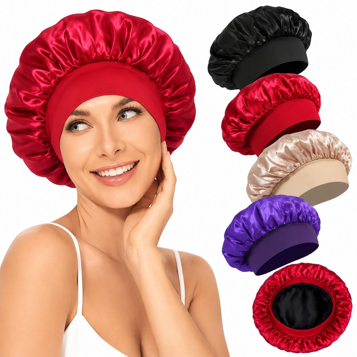 VHV - Satijnen bonnet - 4 stuks - Elastische slaapmutsen - Zacht en comfortabel - Satijnen slaapmuts verstelbaar - Bonnet satijn - Haarnetjes