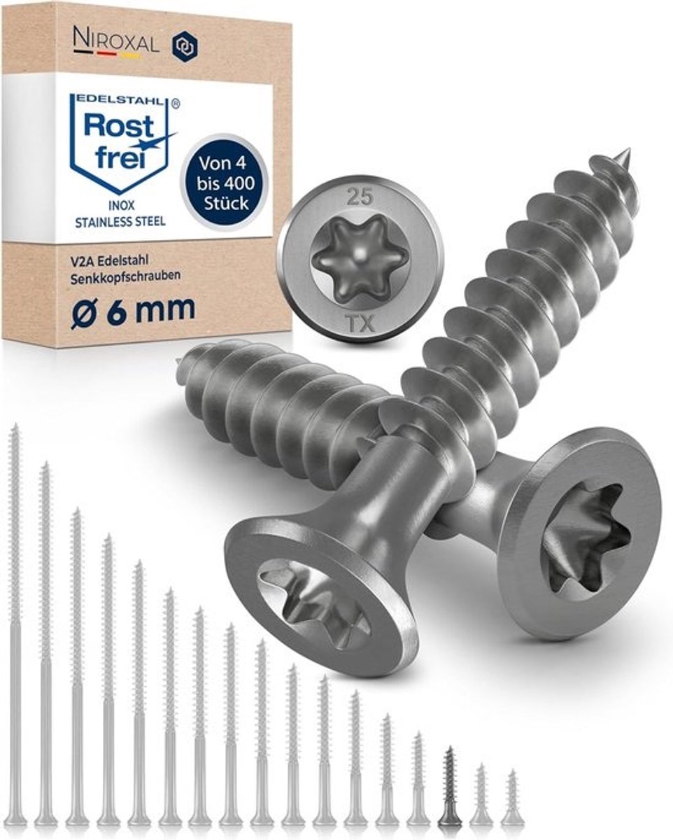 Houtschroeven roestvrij staal - Deeldraadschroeven - Duurzame verbindingen - V2A corrosiebestendig - 6x30mm - 400 stuks