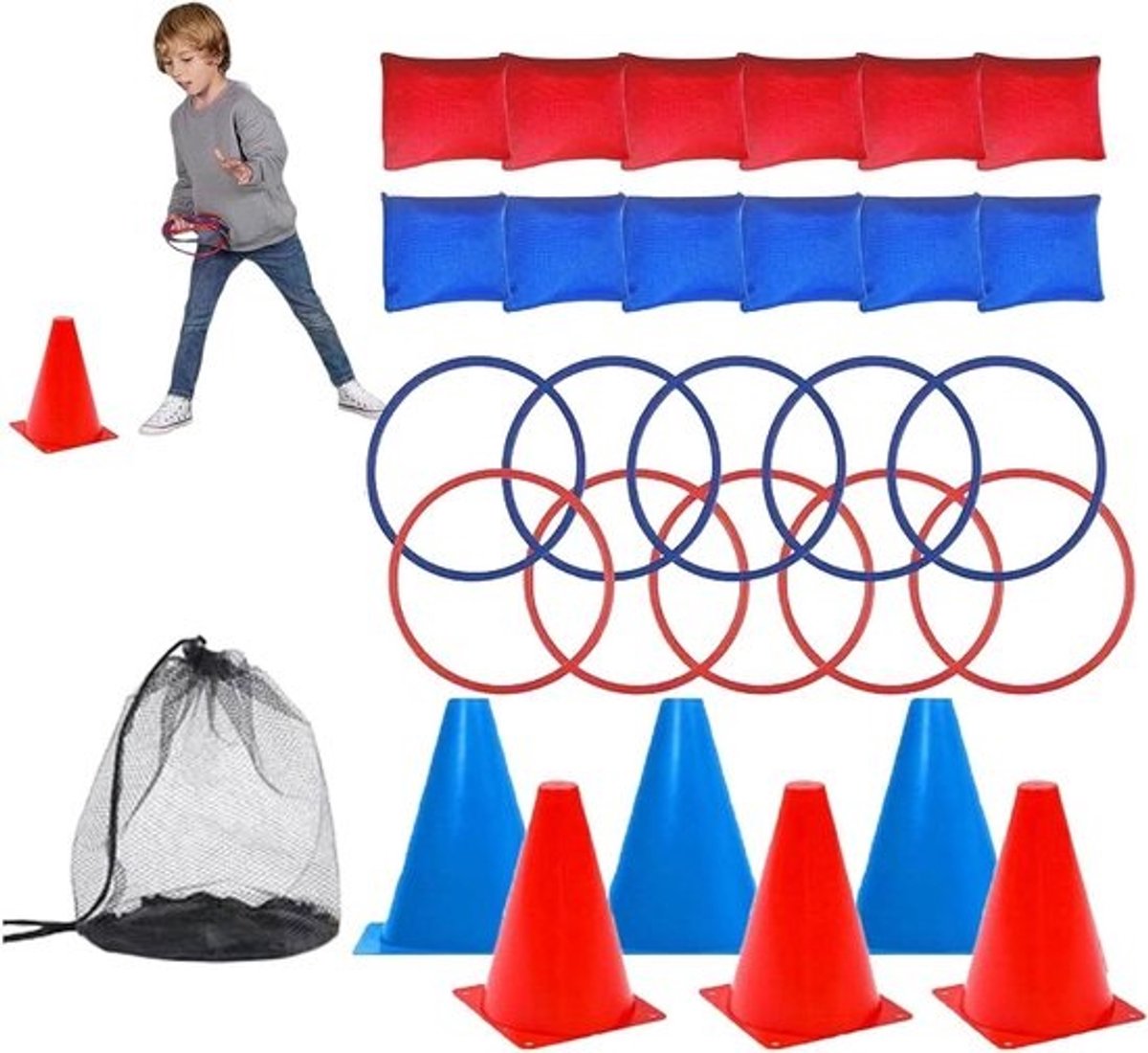 Set voor gooispel - Ringwerpen met kegels - Buitenspelen - Verbetert vaardigheden - Kegel van 13x13x18 cm - Blauw