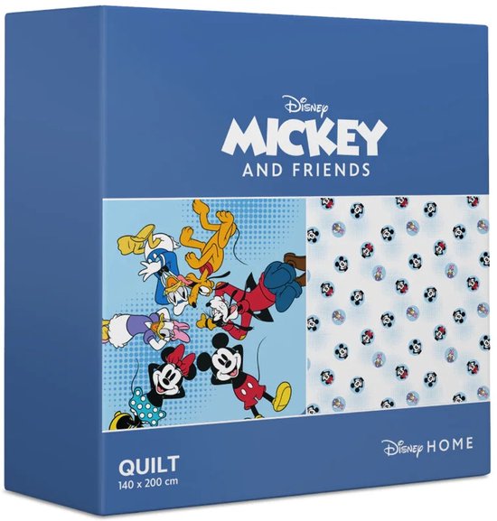Doos met Mickey and Friends thema, blauw, met afbeeldingen van Mickey, Minnie, Donald, Daisy en Pluto.