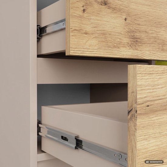 Detail van 3 taupe lades met Artisan eiken fronten, op metalen rails.