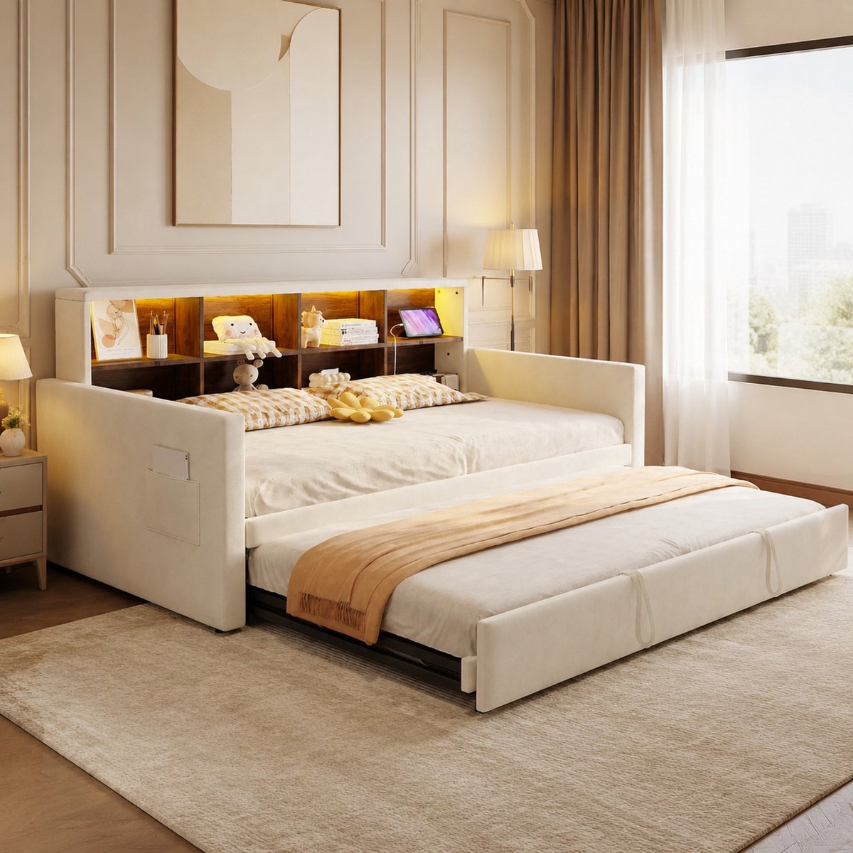 WUVRIE Slaapbank 90x190 cm met uitschuifbed, opbergvakken, LED en laadpoorten, velours beige