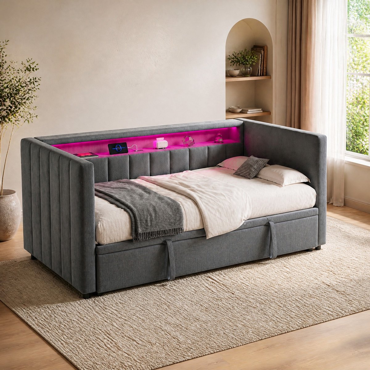 WUVRIE Slaapbank 90x190 cm met uitschuifbed, LED, USB-C en opbergruimte, donkergrijs