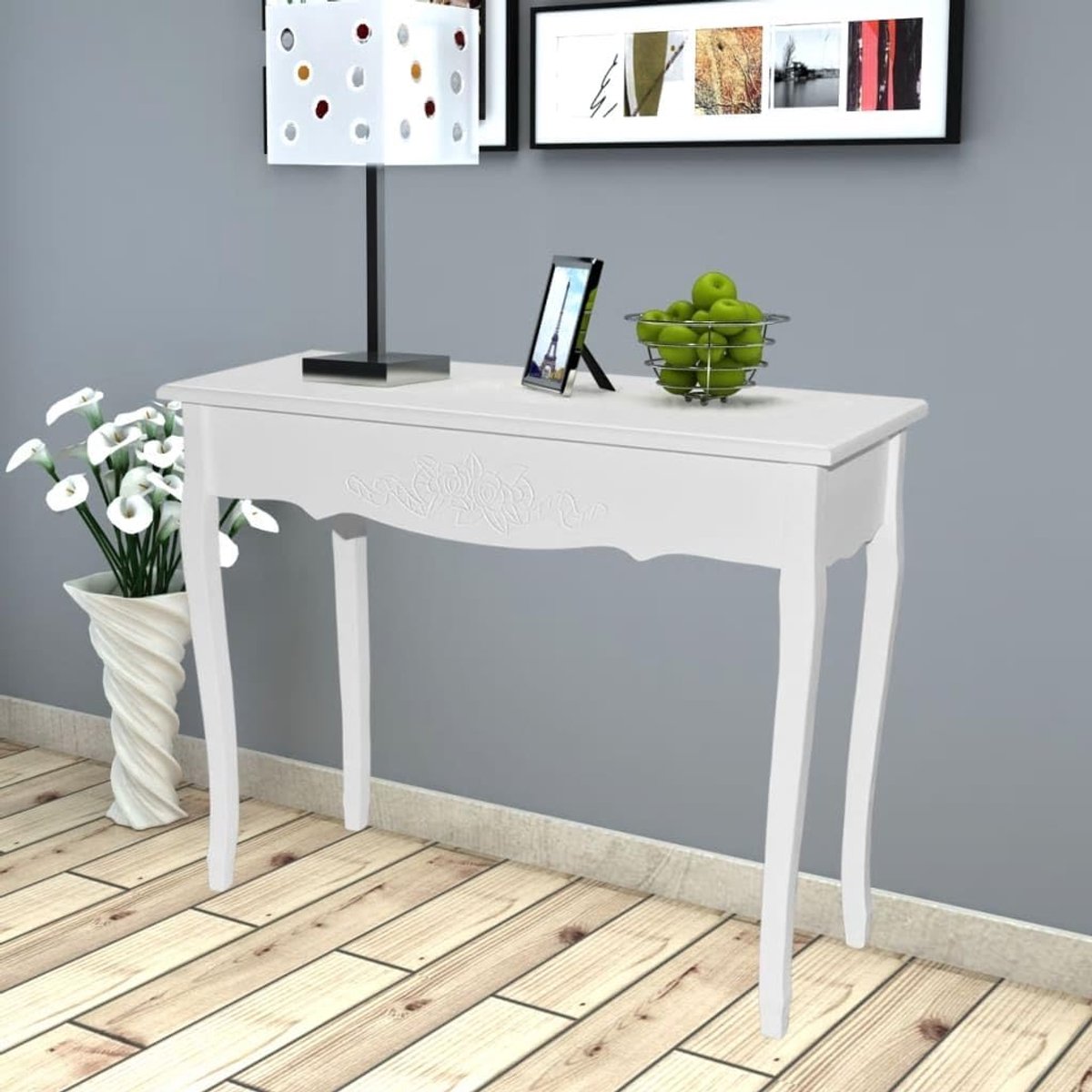 Consoletafel van MDF en grenenhout met bloemenpatroon, compact design voor woonkamer, eetkamer of hal, duurzaam en ruimtebesparend.