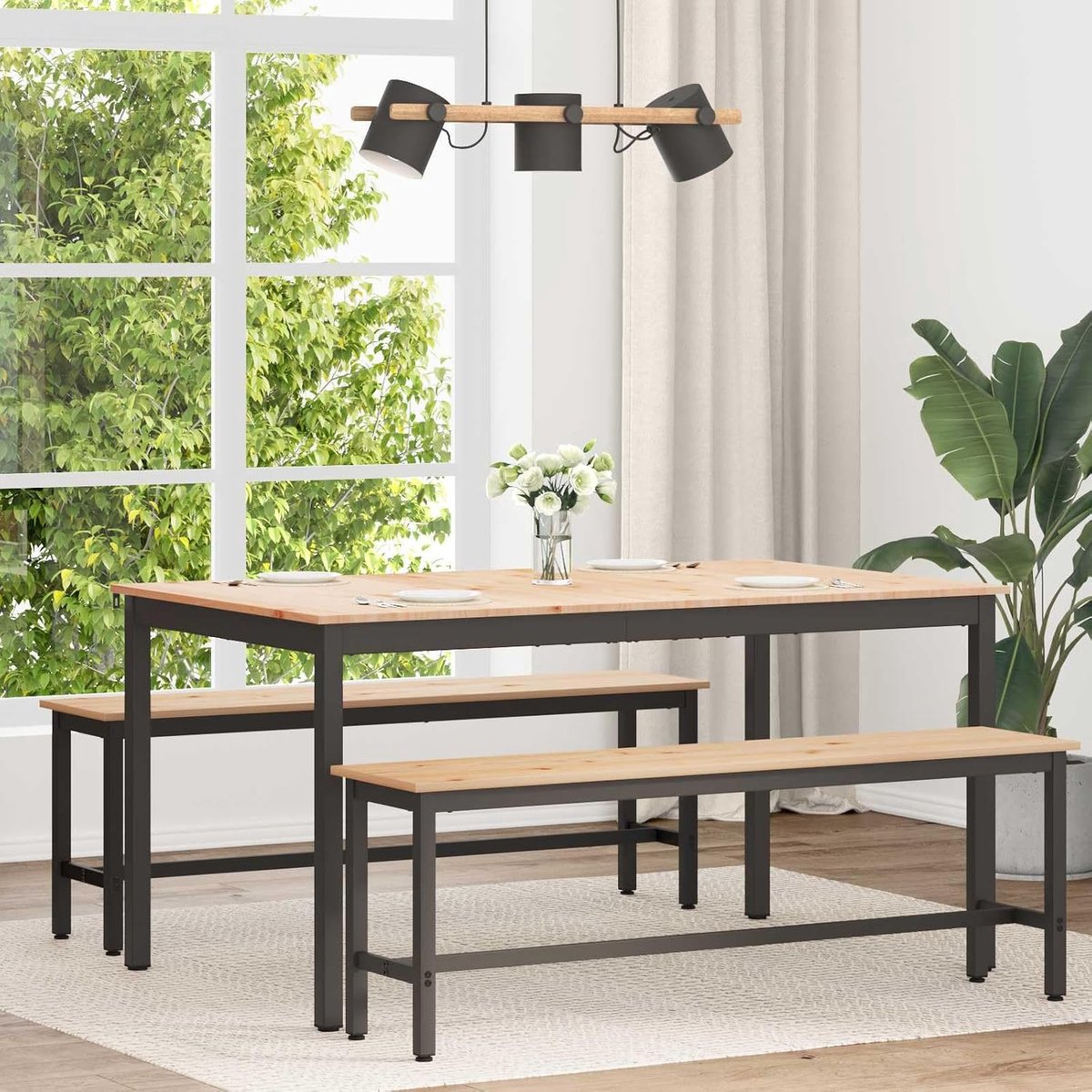 Eettafel van massief grenenhout, 150 x 90 x 75 cm, met stabiele metalen poten, onderhoudsvriendelijk en veelzijdig voor eetkamer en keuken