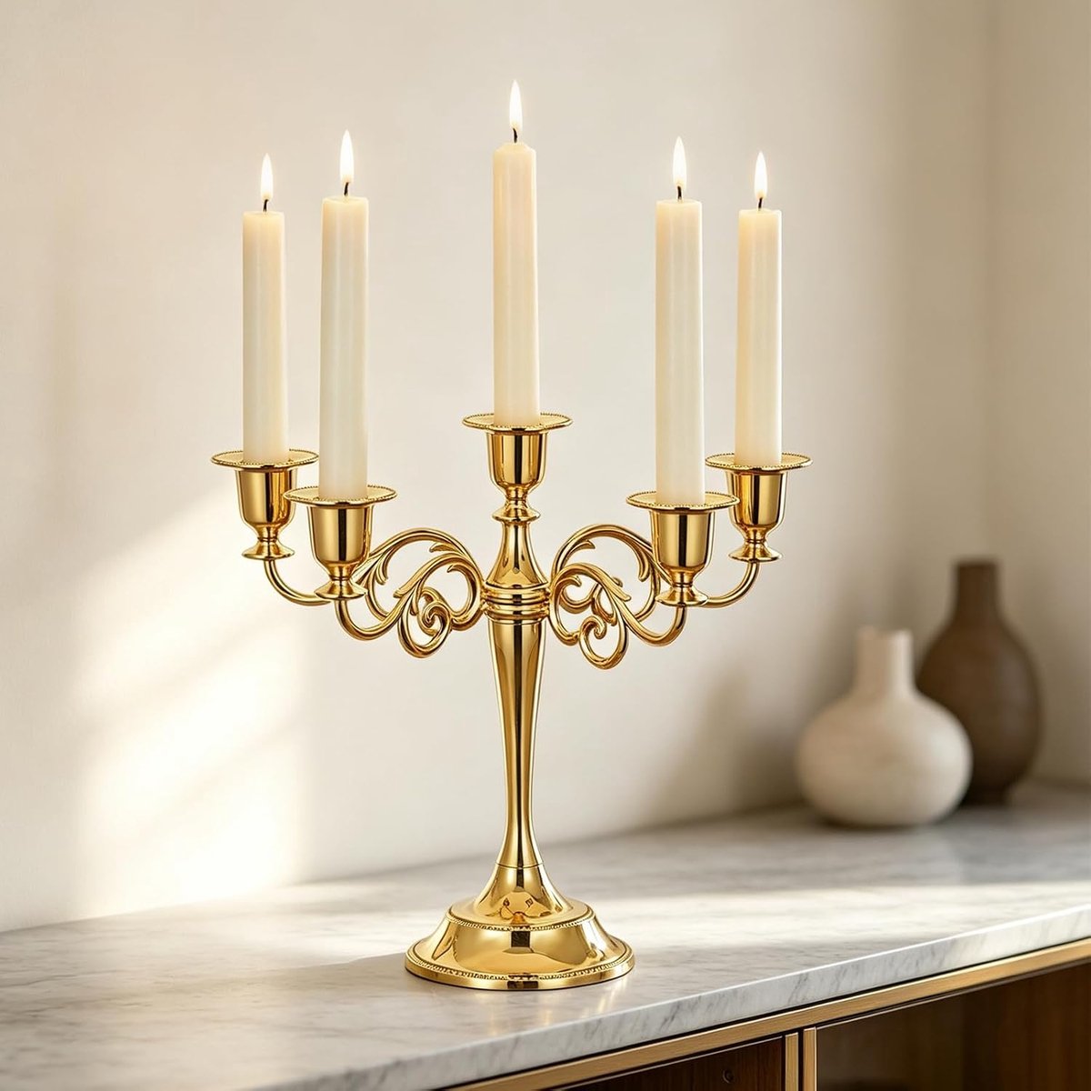 Staafkaarsen, kandelaar goud 5 armen kandelaar 26 cm hoog, kandelaar van metaal, conische kandelaar voor bruiloft, verjaardag, feest, eettafel, woonkamer, kerstdecoratie