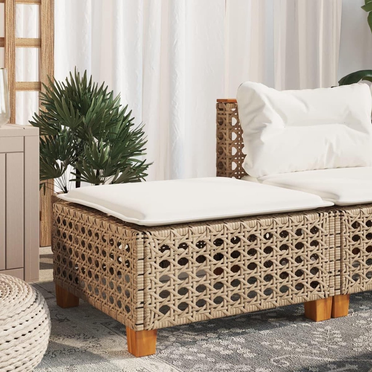Polyrotan met kussen, voetenbank voor tuin, terras, balkon, modulaire kruk, beige, 63,5 x 56 x 32 cm