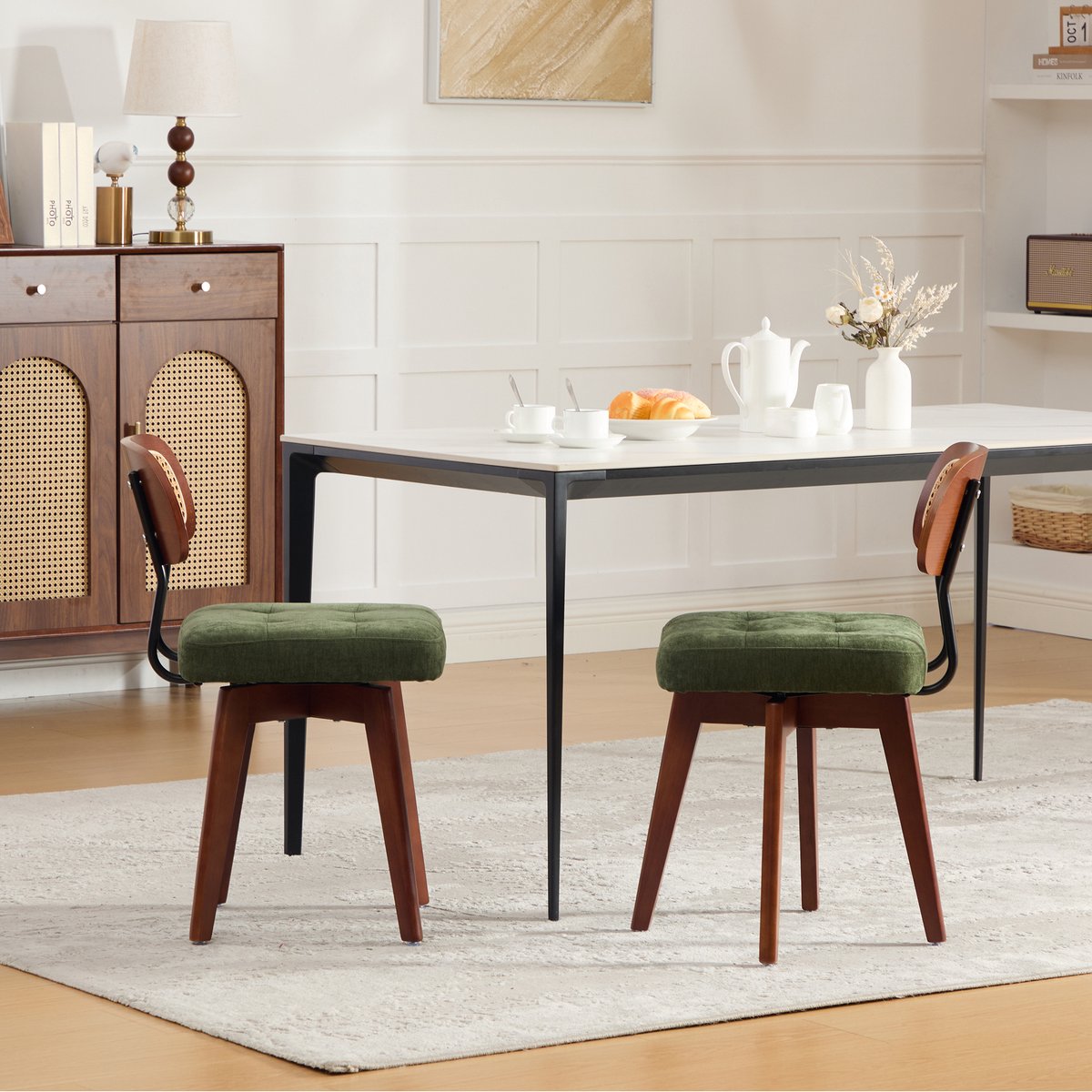 OKWISH Eetkamerstoel - Set Van 2 - Groen - Chenille En Rotan - 360° Draaibaar