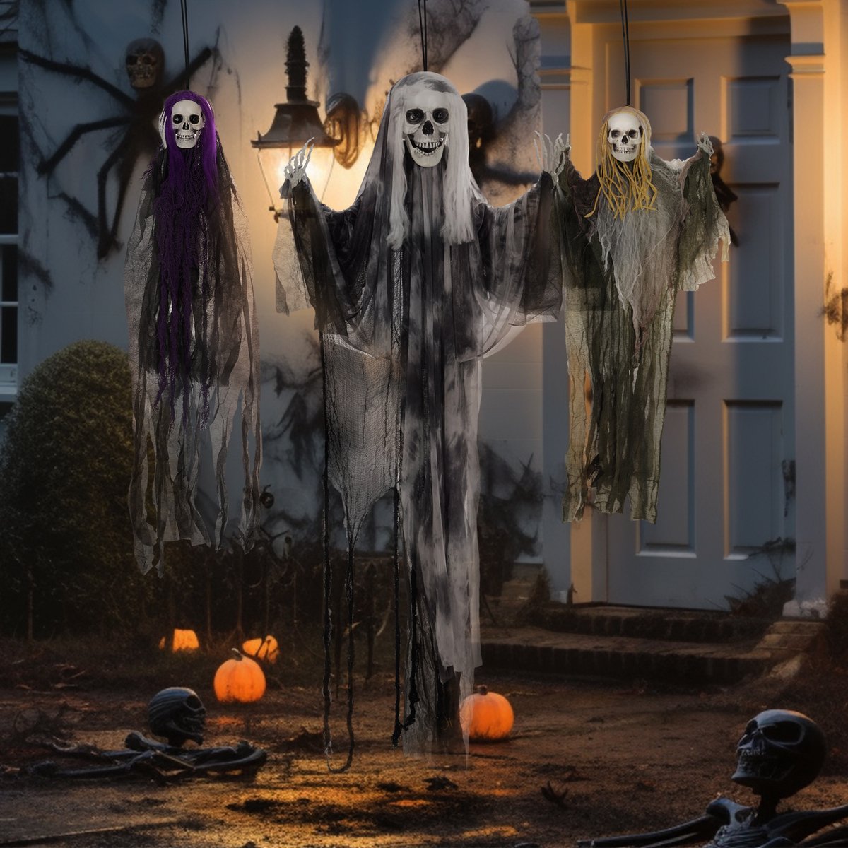 TEKROA® Halloween decoratie - Halloween-zombie - Set van 3 hangende skelet-Halloweenversieringen - griezelige vliegende geest voor tuin en feest - 90/110/170 cm