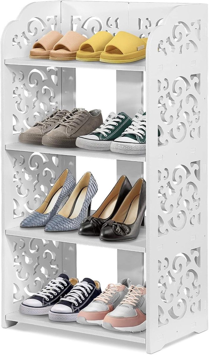 Hollow Out Schoenenrek Wit - 4 Niveaus Smal Staand Hoekrek Waterdicht Decoratief voor Woonkamer, Slaapkamer en Badkamer, 40 x 23 x 28 cm