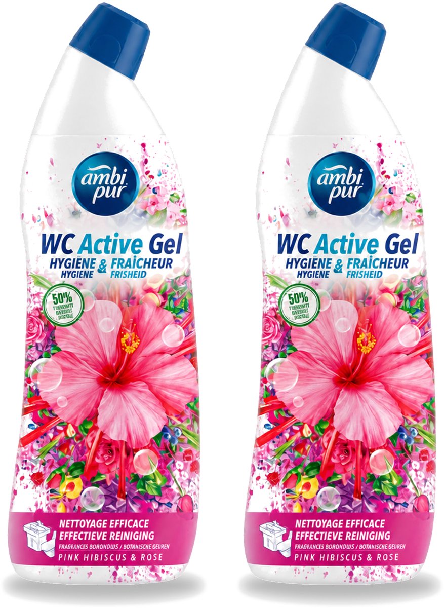 2 x Ambi Pur - Toiletreiniger - WC Active Gel - Hibiscus & Roos - 750 ml - Voordeelverpakking - 2 stuks