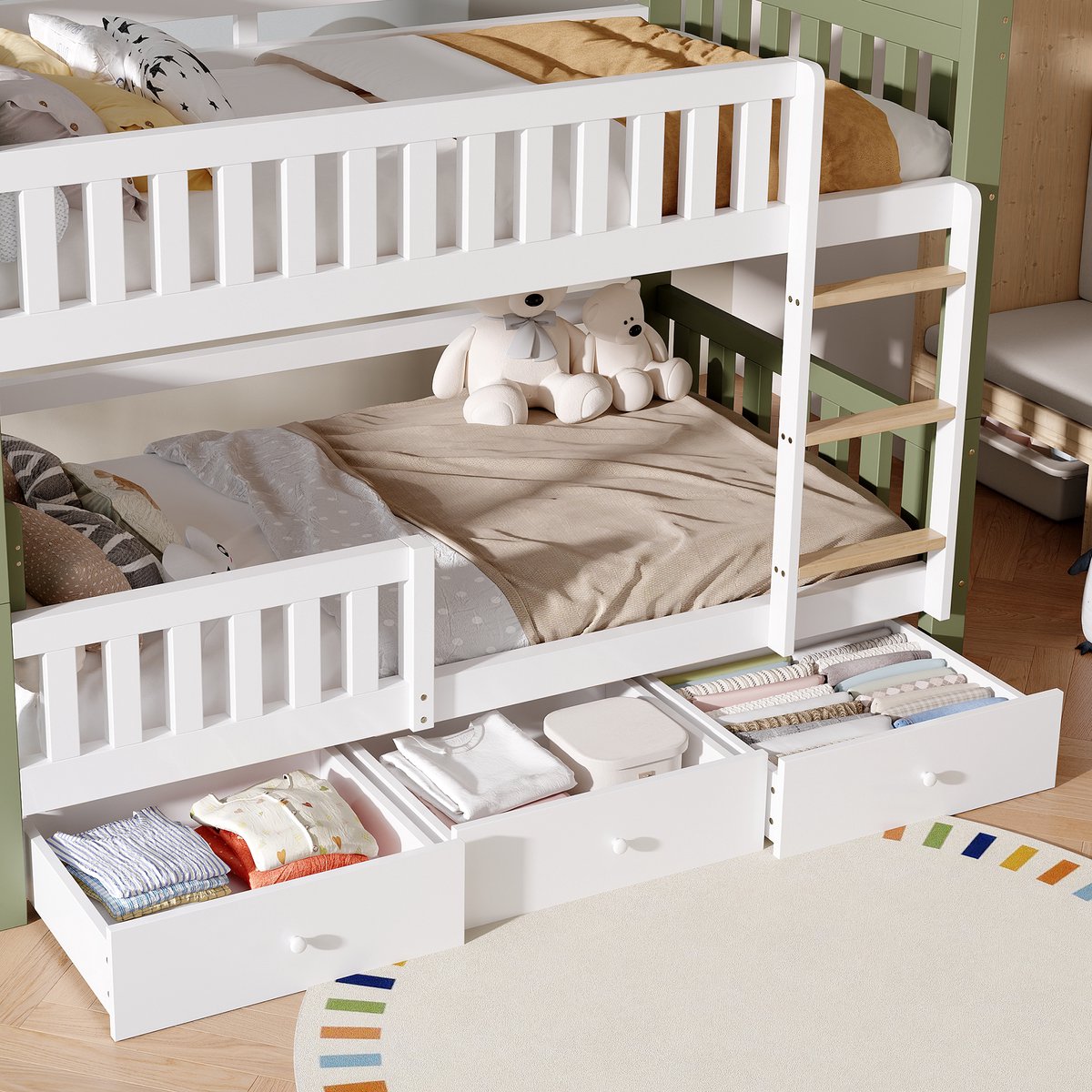 MIVRAY Kinderstapelbed 90x200 cm - Met Ladder Beschermingshek Drie Lades en Zijrek - Voor Kinderkamer - Hout en MDF - Wit Groen - Zonder Matras