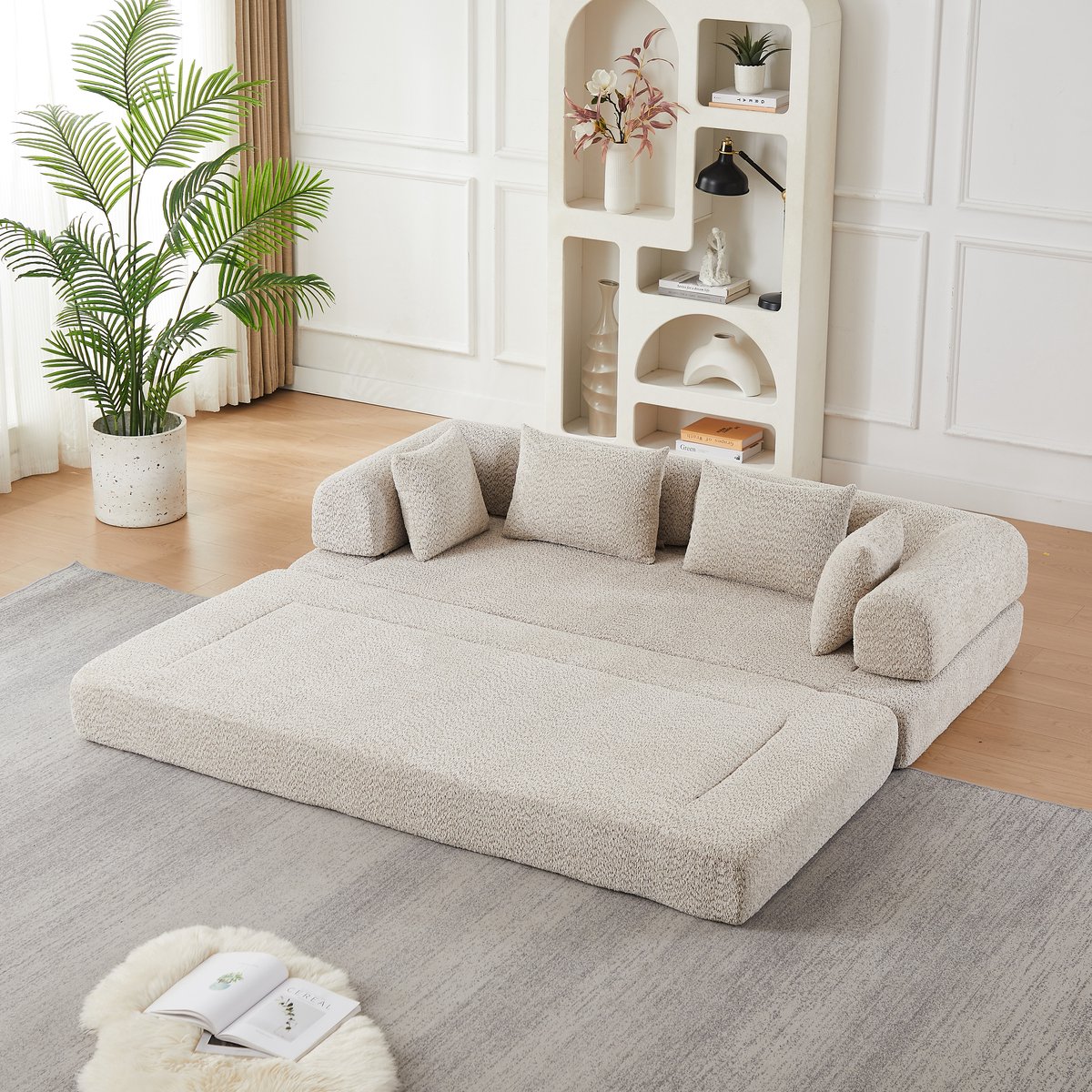 OKWISH Slaapbank 200 x 95 cm - 4-in-1 Modulair Ontwerp Met Verstelbare Rugleuning En 4 Kussens - Woonkamer - Chenille - Beige