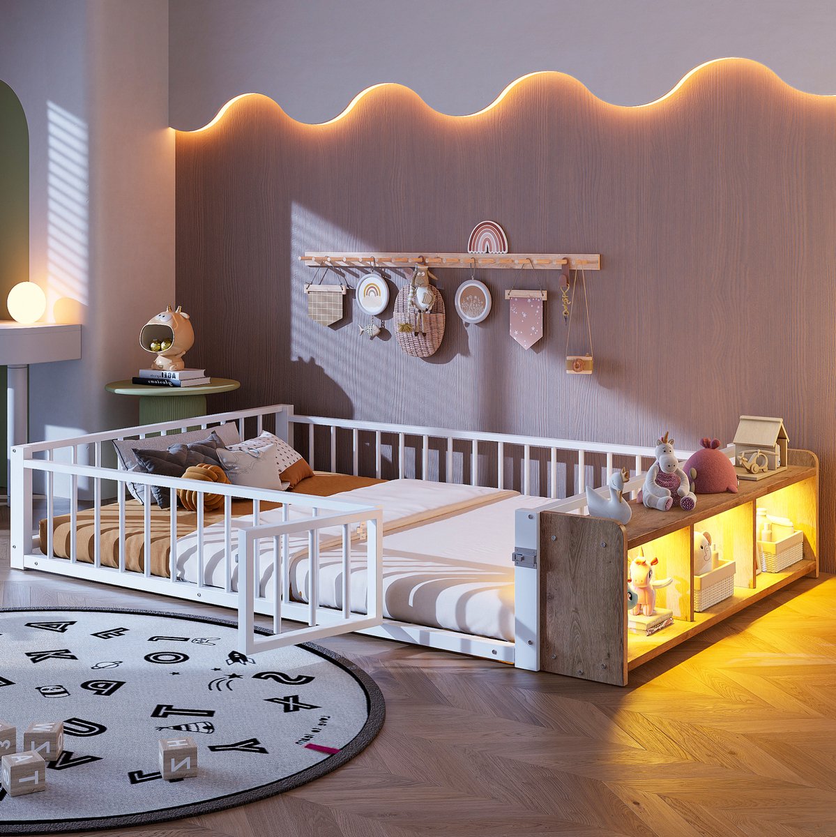 WUVRIE Kinderbed 140x200 cm met uitvalbeveiliging, open opbergvak en LED-verlichting, wit