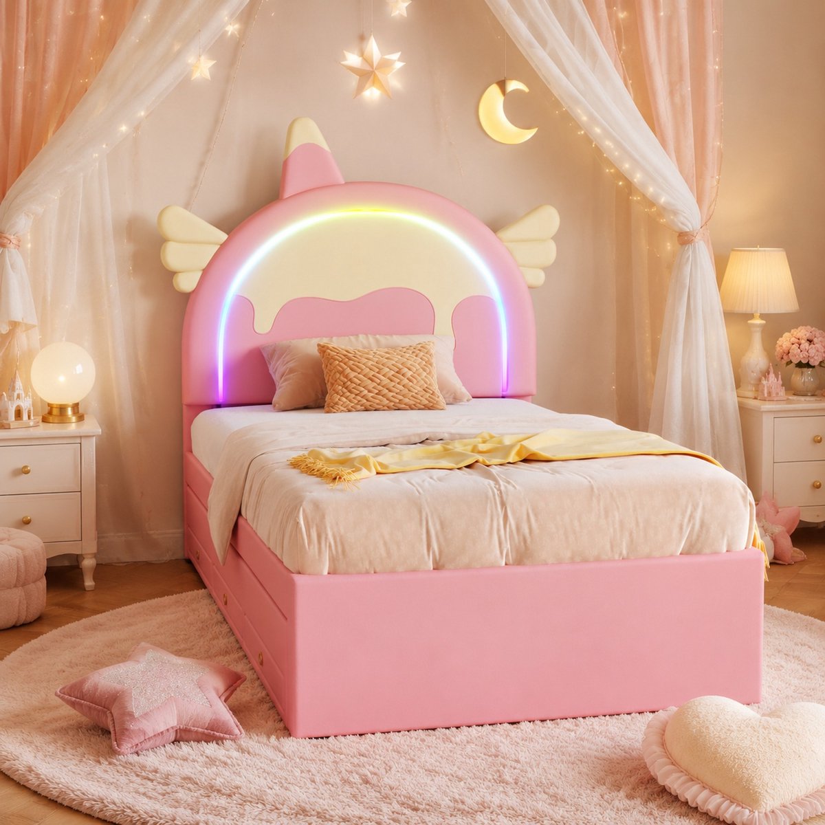 WUVRIE Kinderbed 90x200 cm eenhoorn met uitschuifbaar rolbed en lades, roze