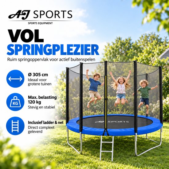 Drie kinderen springen op een blauwe AJ-Sports trampoline (305 cm) met veiligheidsnet in de tuin.