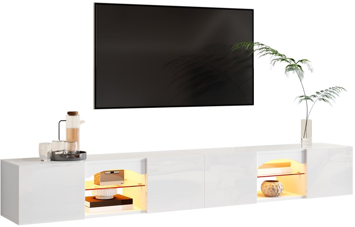 MIVRAY Tv Meubel - Hoogglans Met Ledverlichting En Appbediening - Vier Deuren Twee Open Vakken Glazen Planken - Wit Spaanplaat - 200x30x28 Cm