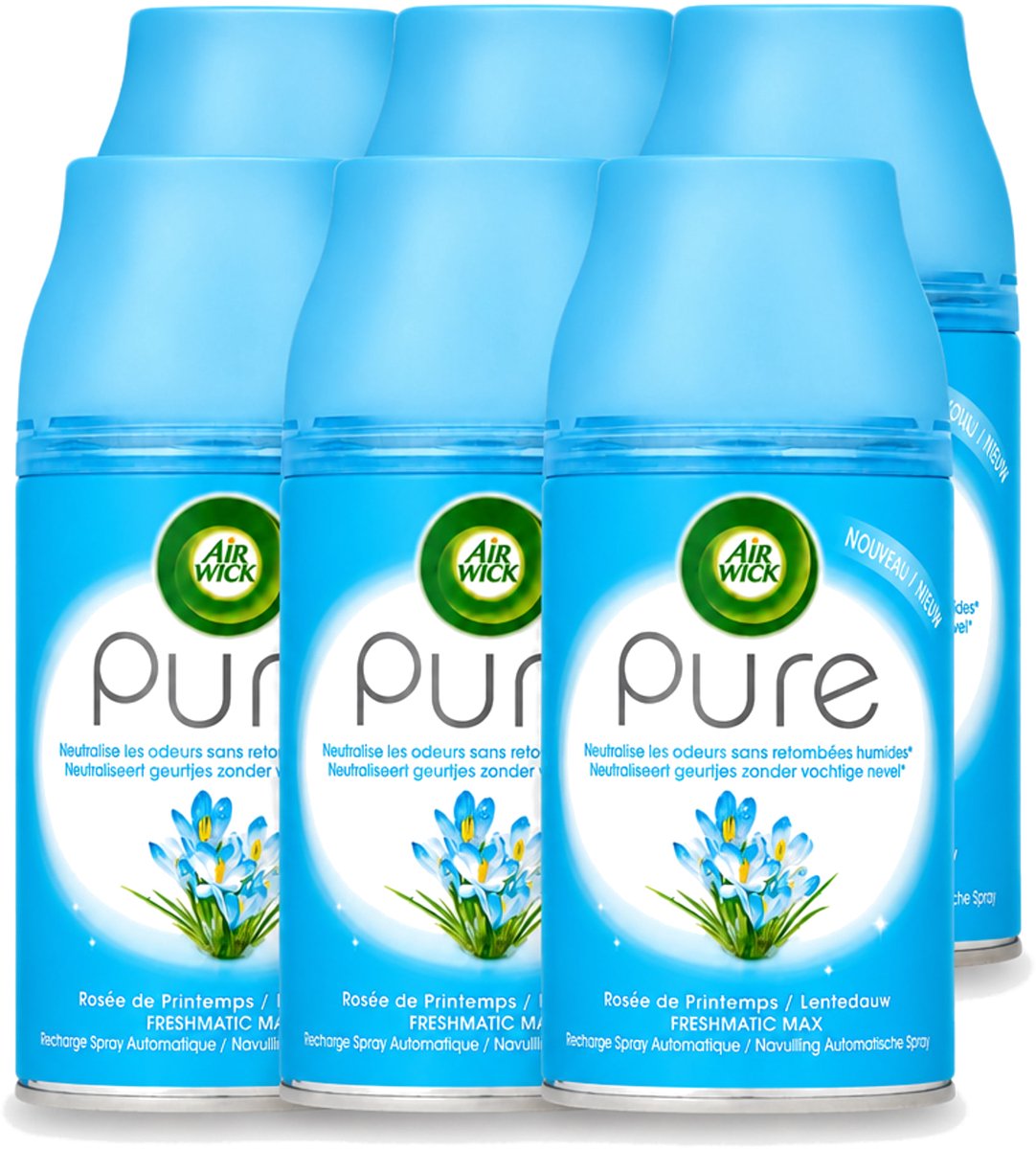 6 x Air Wick Freshmatic - Luchtverfrisser Navulling - Pure Lentedauw - 250ml - Voordeelverpakking - 6 stuks