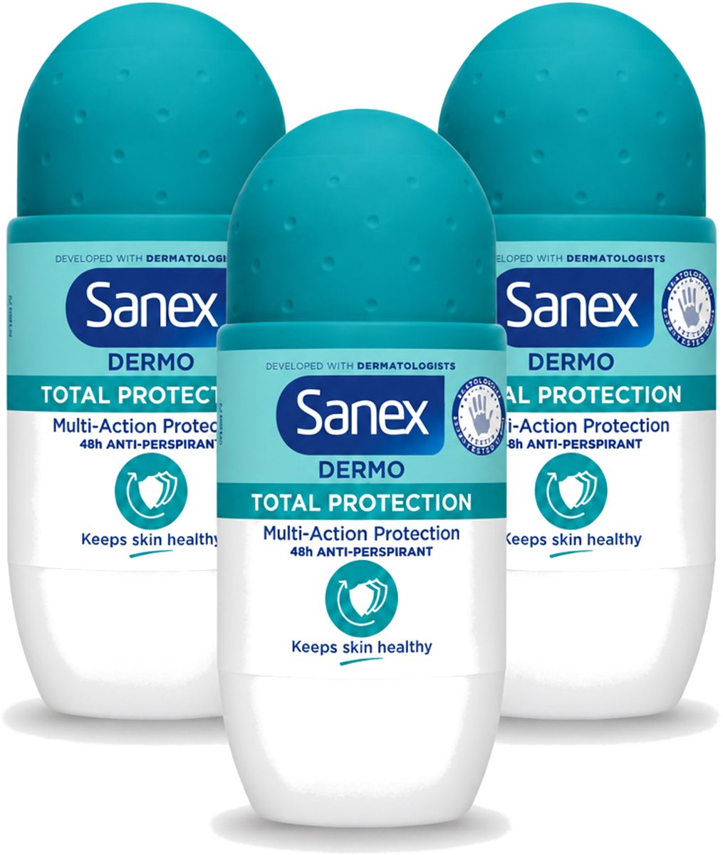 3 x Sanex – Deodorant Roll-On – Dermo Total Protection – 50 ml - Voordeelverpakking - 3 stuks